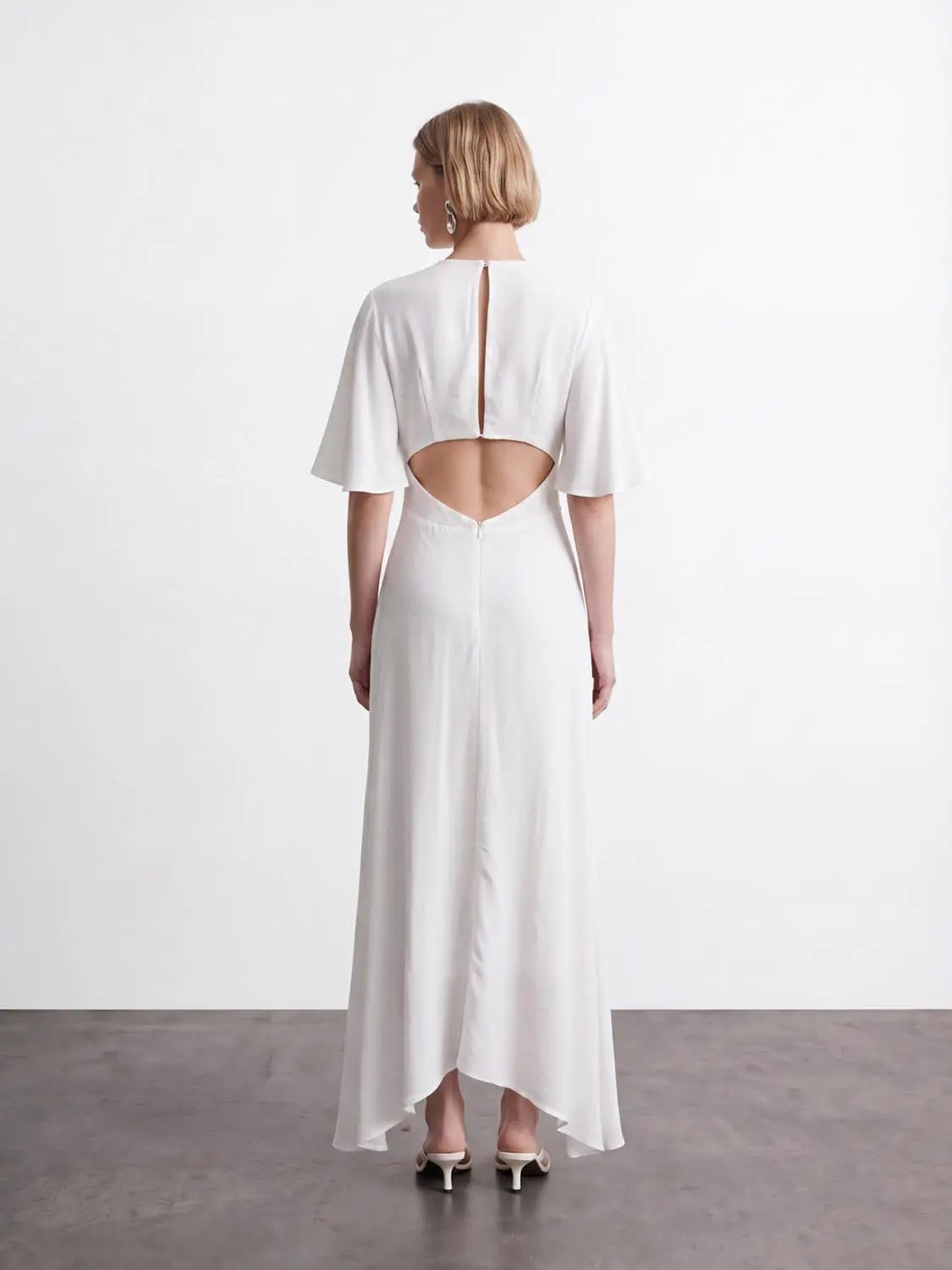 Twist Front Asymmetric Hem V-neck Short Sleeve Maxi Dress