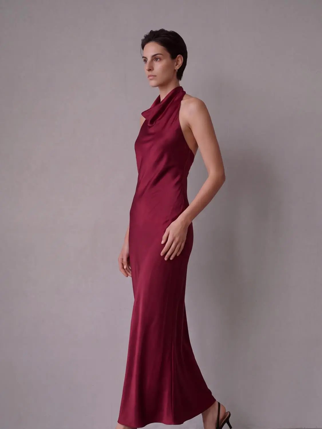 Draped Cowl Neck Sleeveless Fitted Maxi Dress