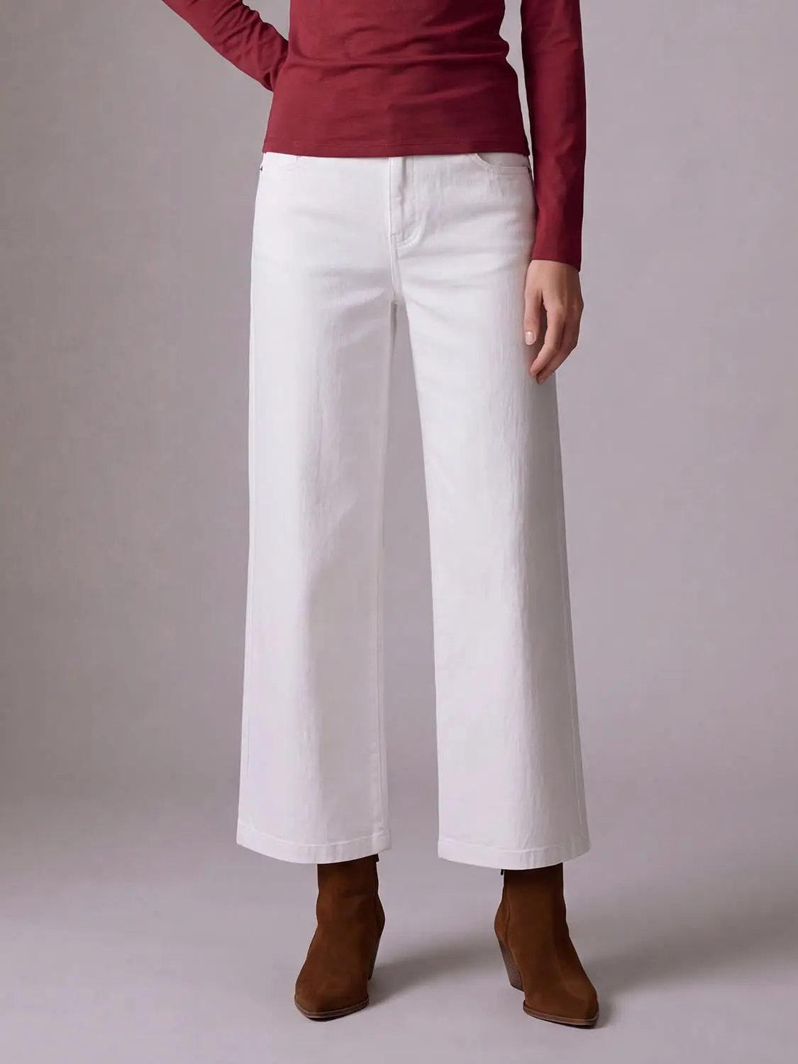 High Rise Belted Straight Wide Leg Cotton Jeans