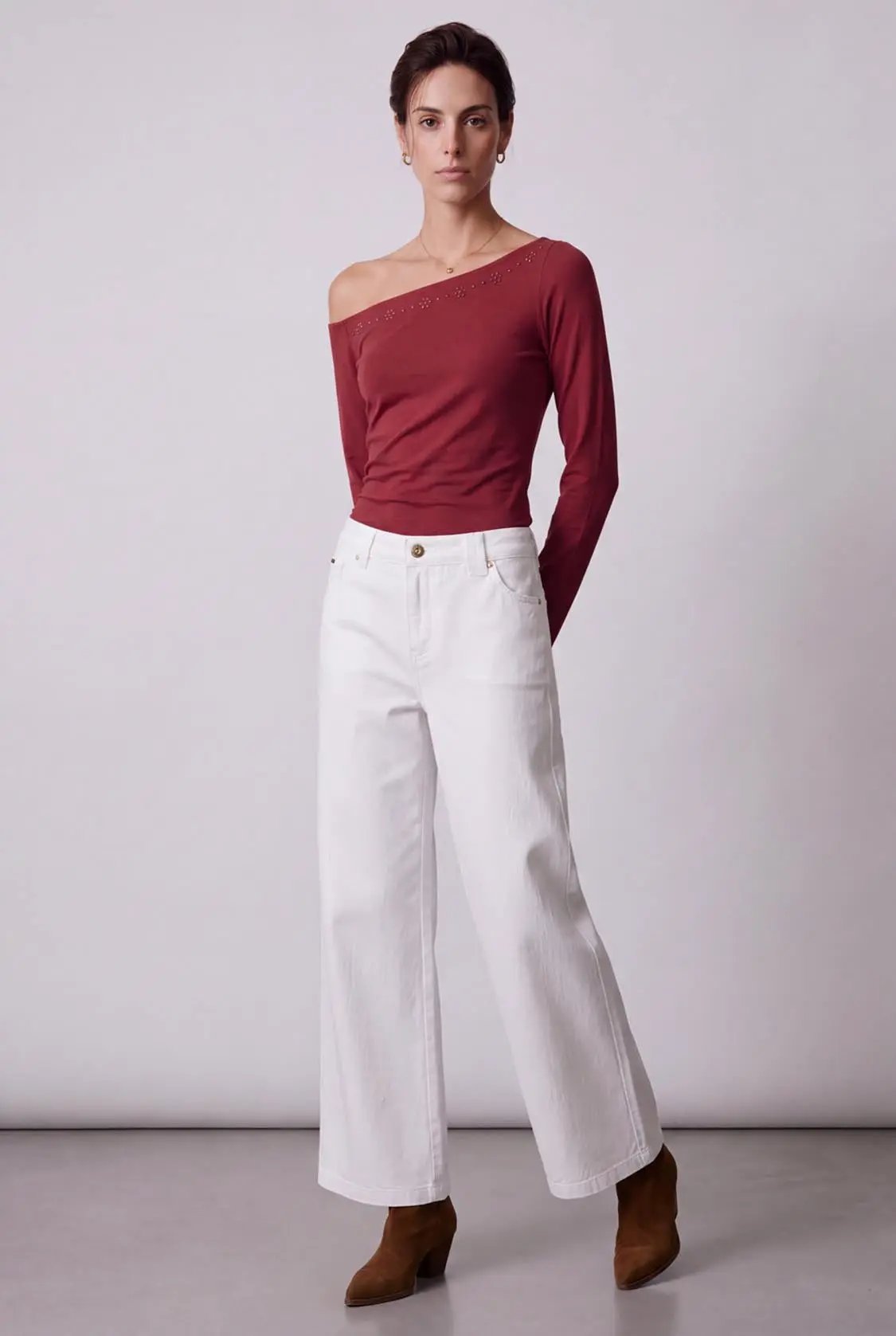 High Rise Belted Straight Wide Leg Cotton Jeans