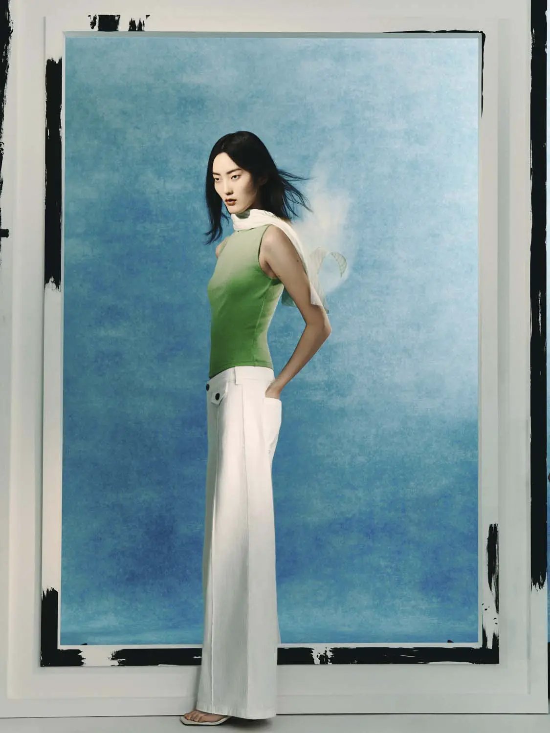Buttoned Wide-leg Cotton Denim White Pants