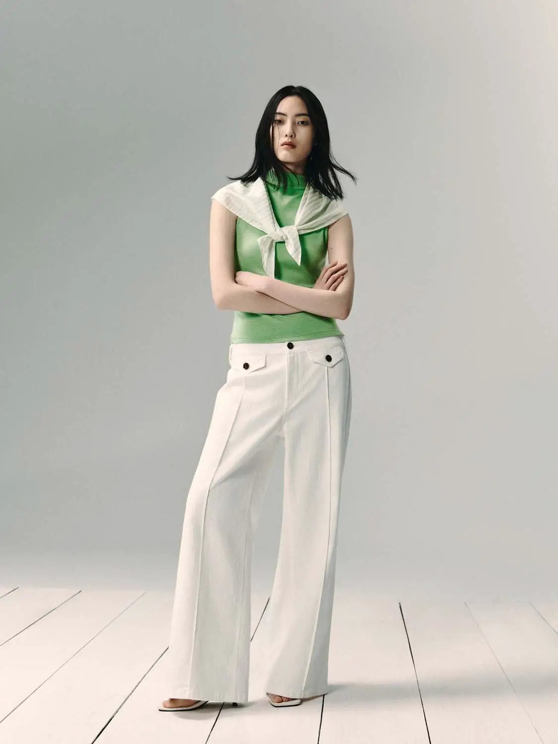 Buttoned Wide-leg Cotton Denim White Pants