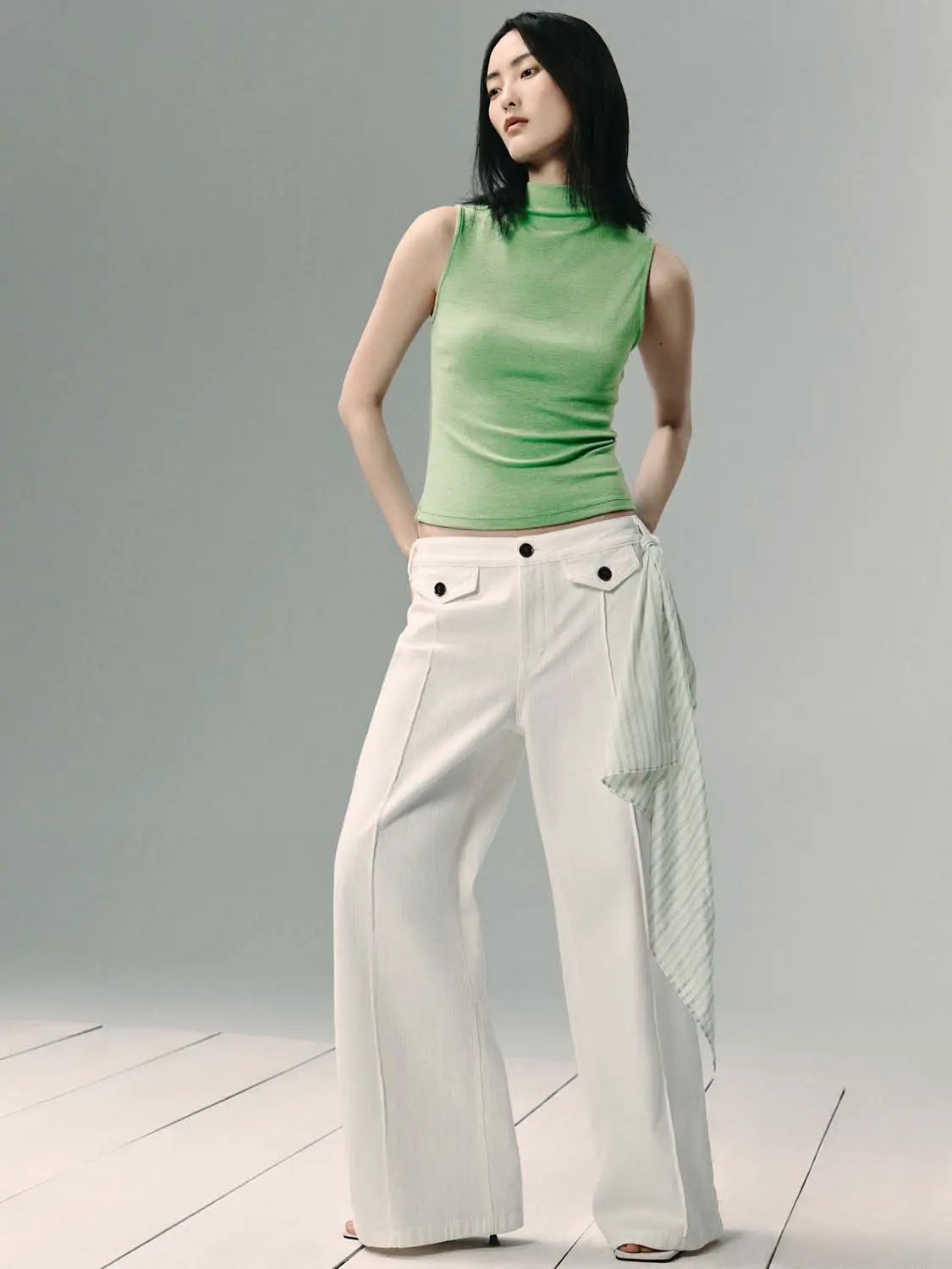 Buttoned Wide-leg Cotton Denim White Pants