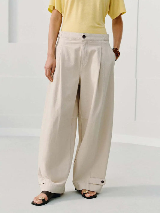 Pleated Cuffed High-waisted Wide-leg Cotton Pants