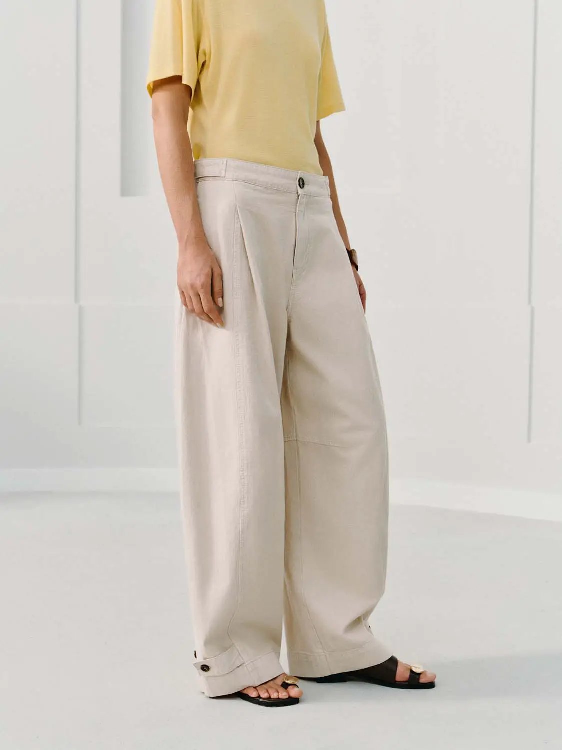 Pleated Cuffed High-waisted Wide-leg Cotton Pants