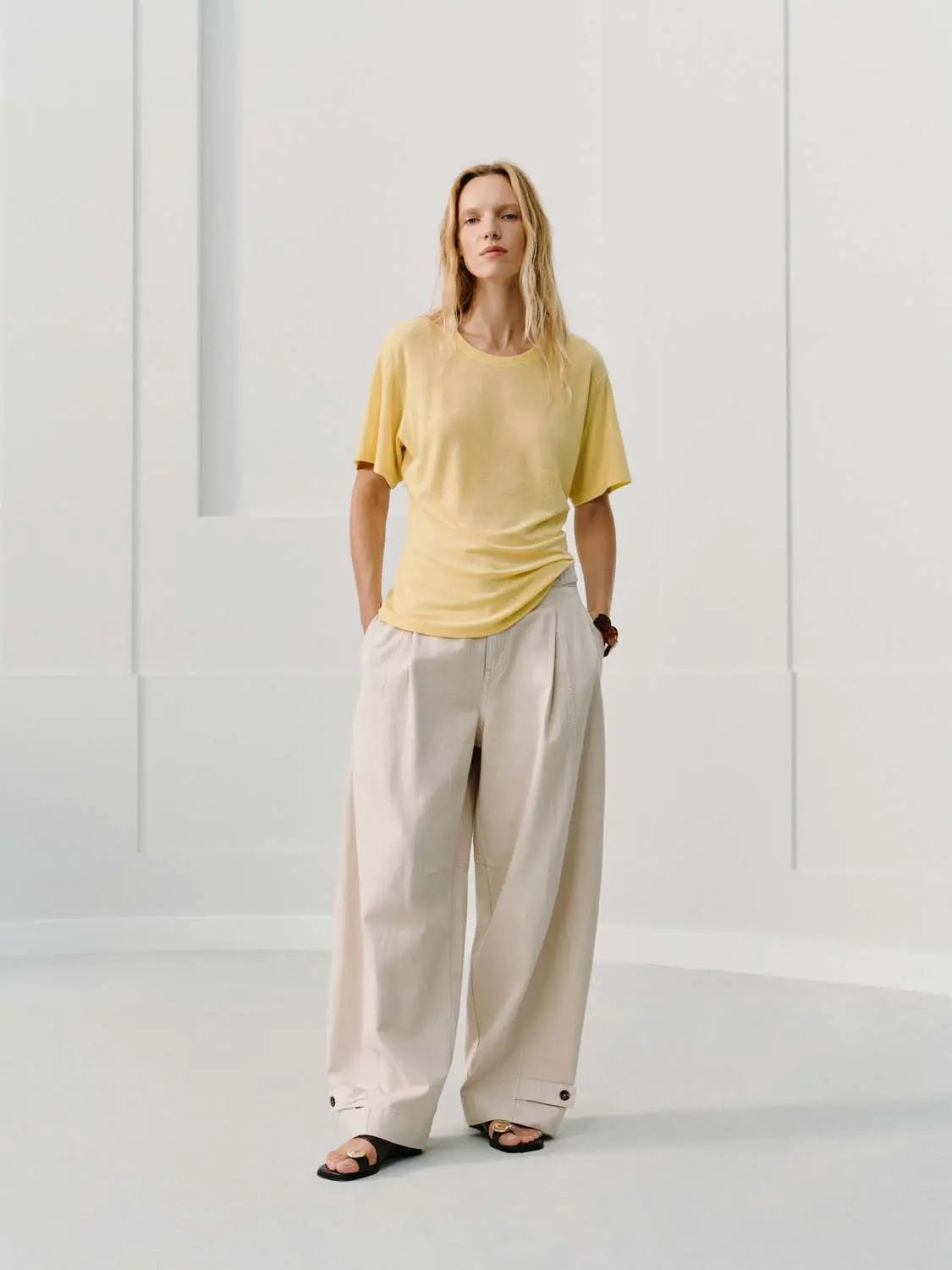 Pleated Cuffed High-waisted Wide-leg Cotton Pants