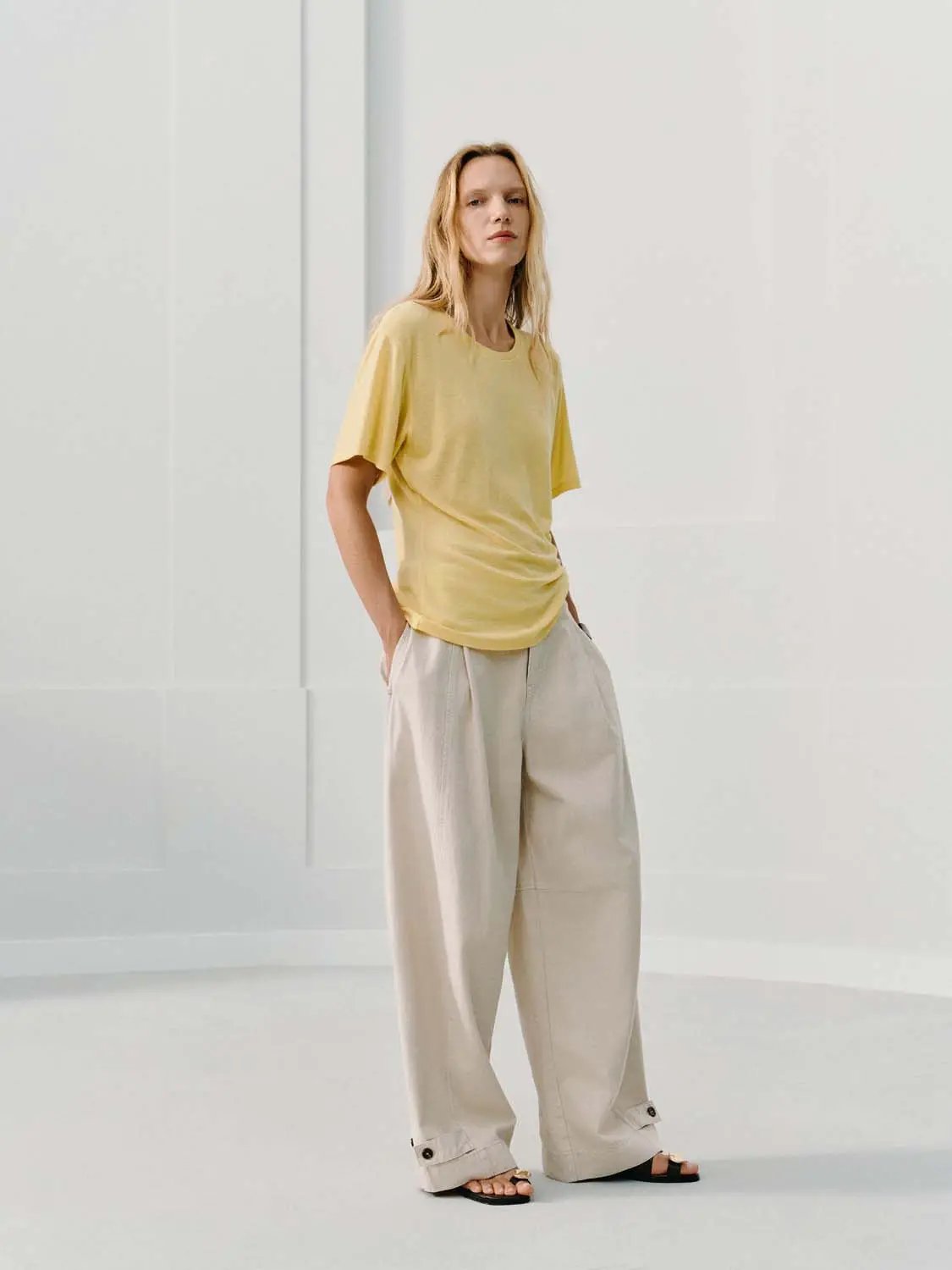 Pleated Cuffed High-waisted Wide-leg Cotton Pants