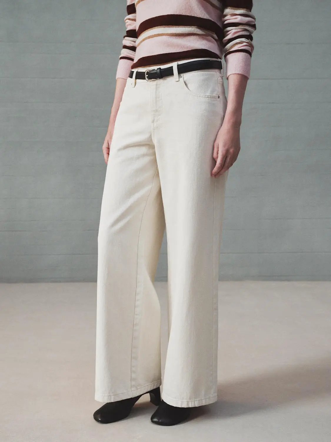 Solid Mid-rise Medium Weight Wide-leg Cotton Pants