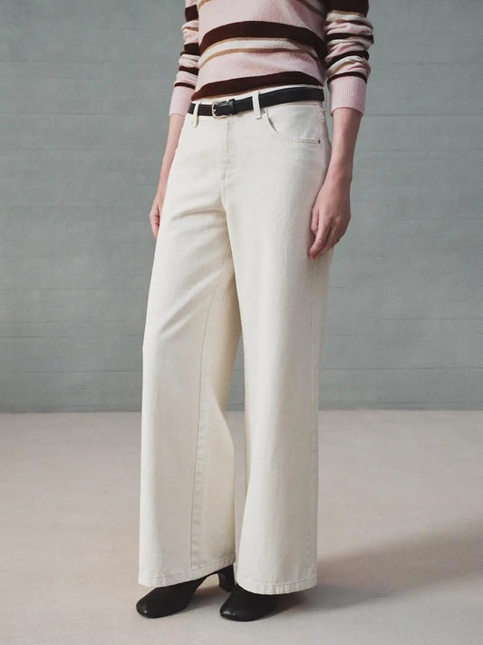 Solid Mid-rise Medium Weight Wide-leg Cotton Pants
