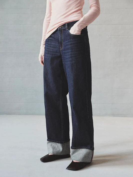Cuffed Wash Wide-leg Mid-rise Cotton Jeans