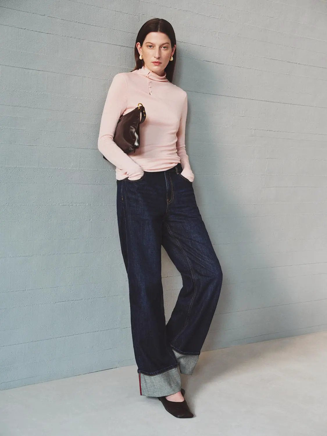 Cuffed Wash Wide-leg Mid-rise Cotton Jeans
