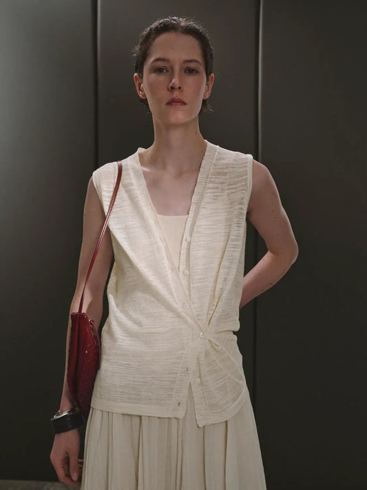Knit V-Neck Sleeveless Classic Cotton Cardigan