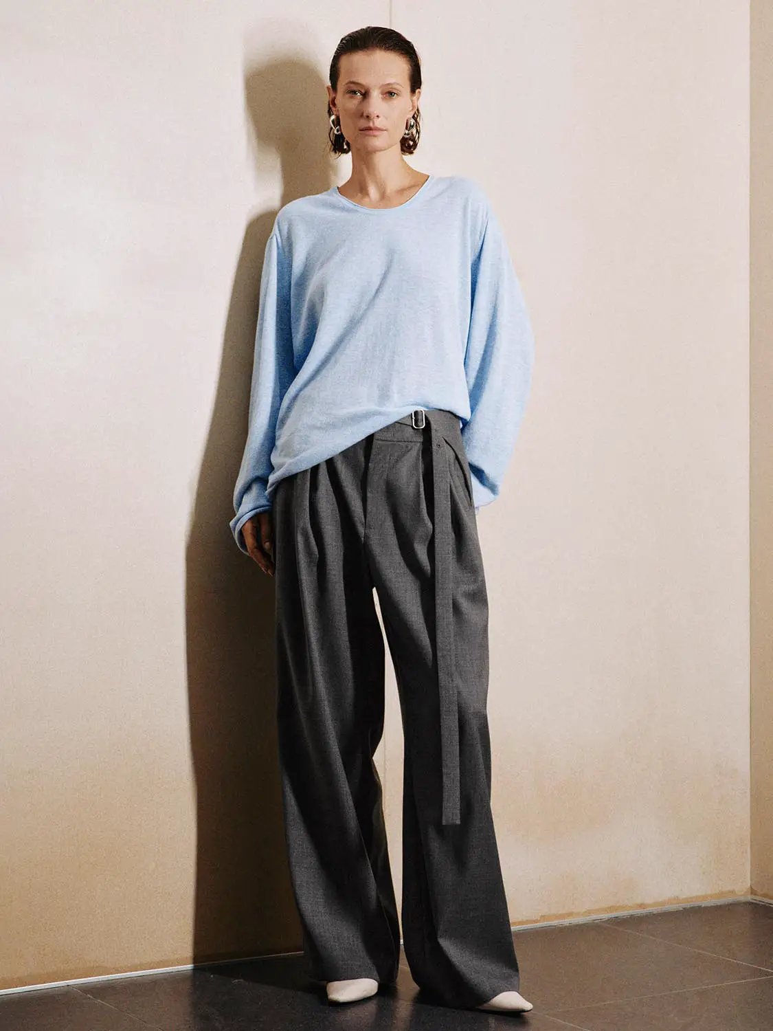 Crew Neck Long Sleeve Knit Cotton Linen T-Shirt
