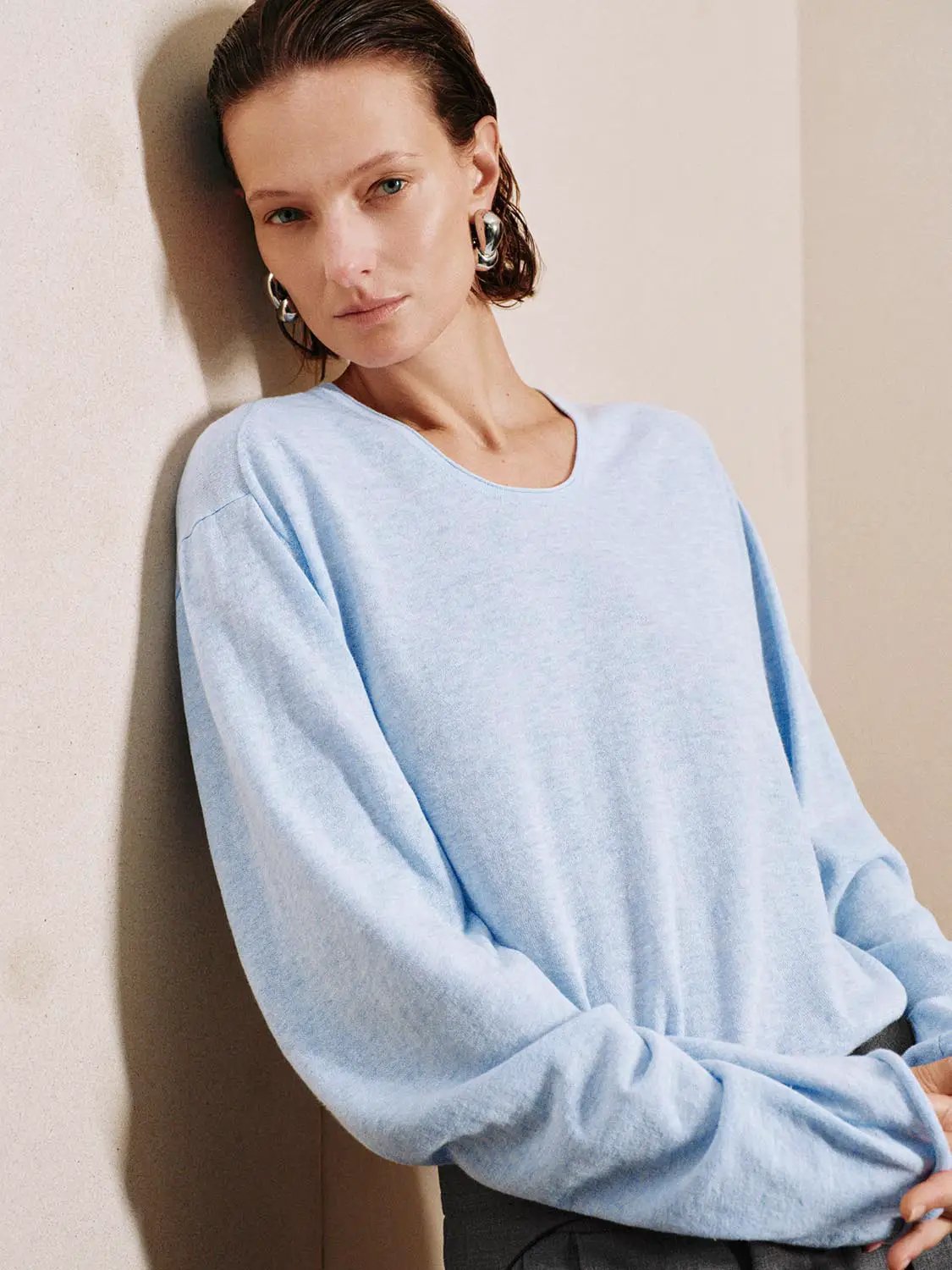 Crew Neck Long Sleeve Knit Cotton Linen T-Shirt