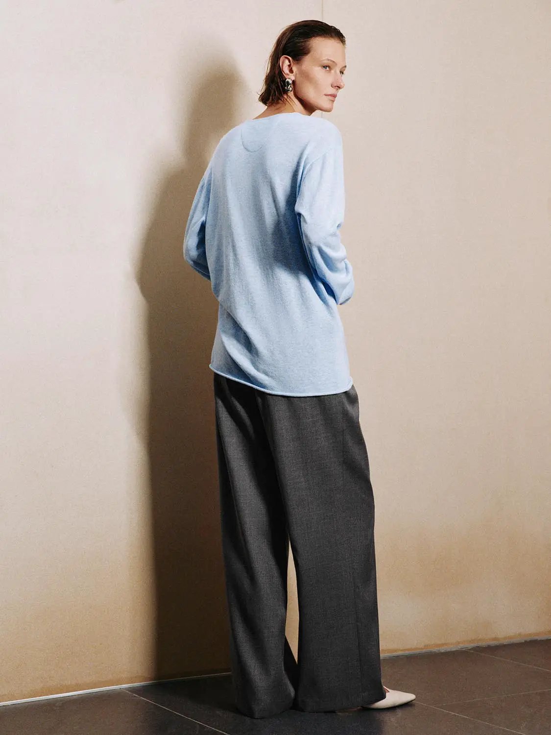 Crew Neck Long Sleeve Knit Cotton Linen T-Shirt