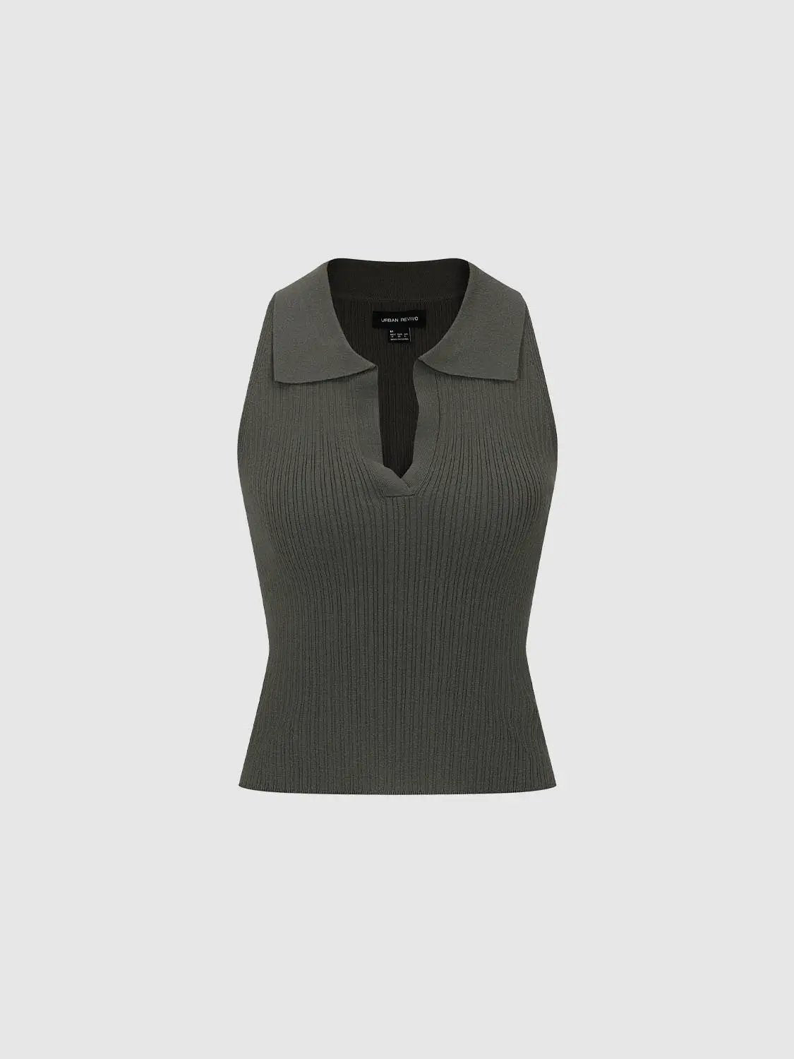 Ribbed Collar Slit Neck Sleeveless Fitted Knit Top