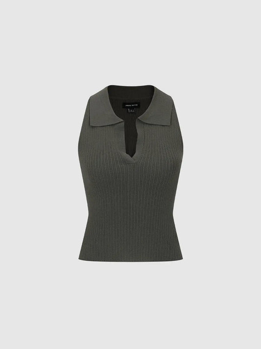 Ribbed Collar Slit Neck Sleeveless Fitted Knit Top