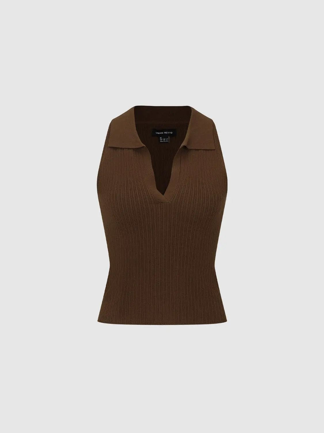 Ribbed Collar Slit Neck Sleeveless Fitted Knit Top