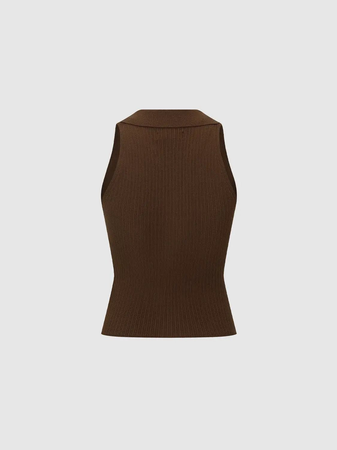 Ribbed Collar Slit Neck Sleeveless Fitted Knit Top