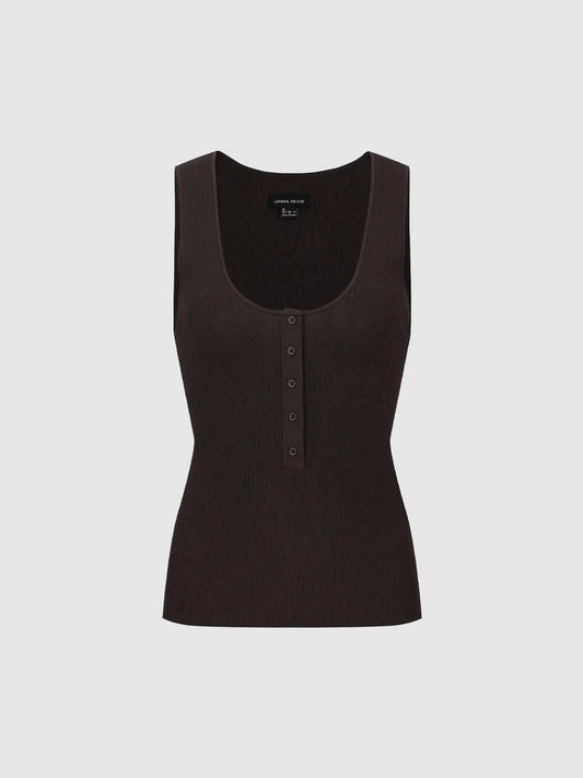 Ribbed Button Front Fitted Square Neck Sleeveless Tank Top