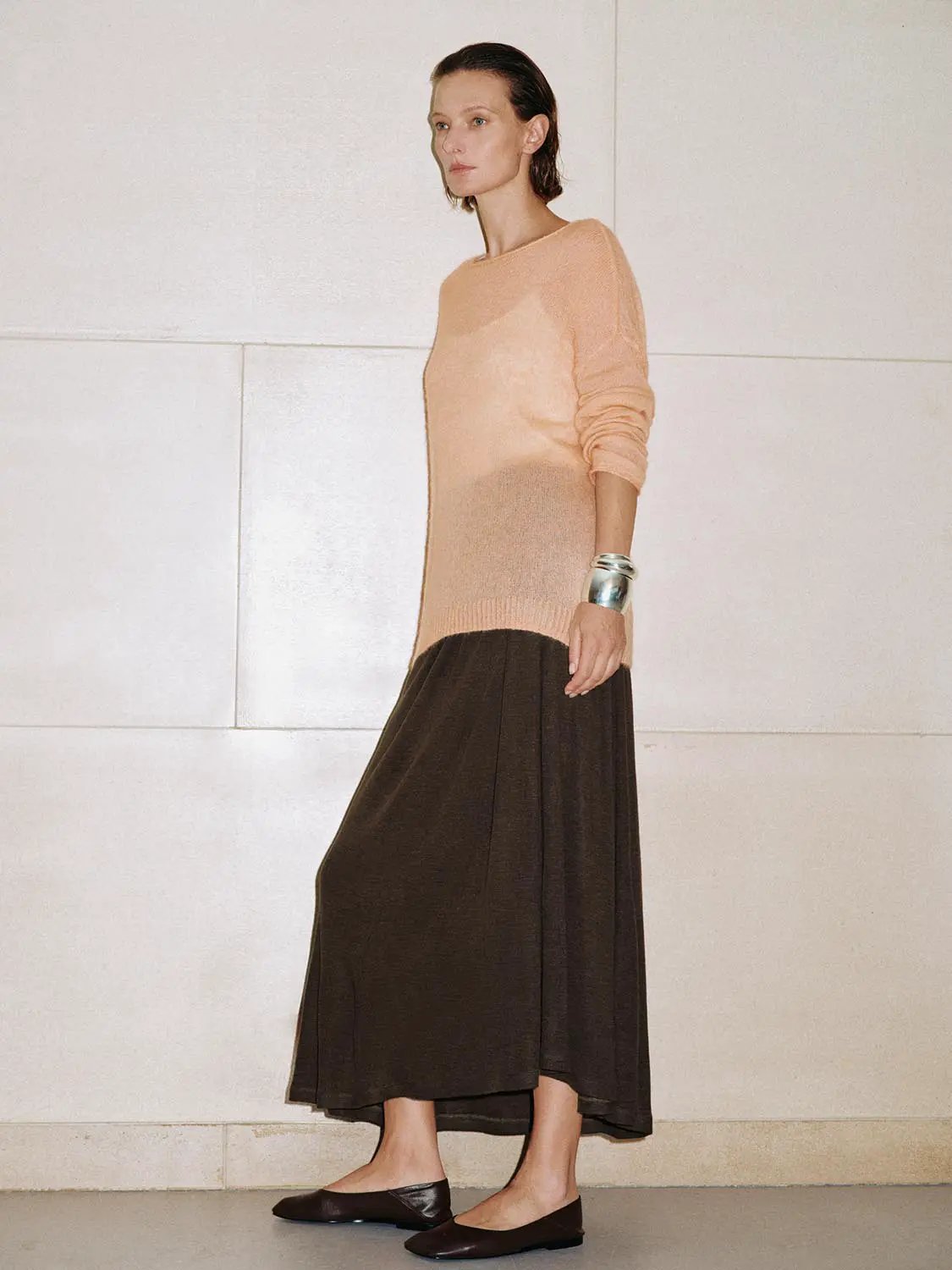 Ribbed Oversized Boat Neck Long Sleeve Wool Blend Sweater