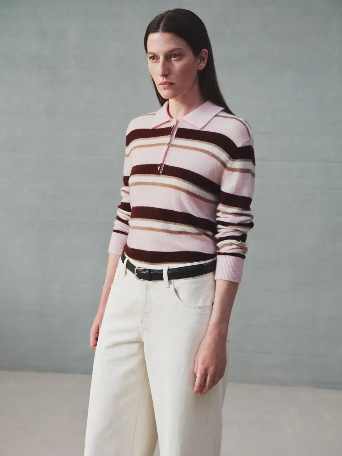 Striped Long Sleeve Polo Collar Fitted Knit Sweater