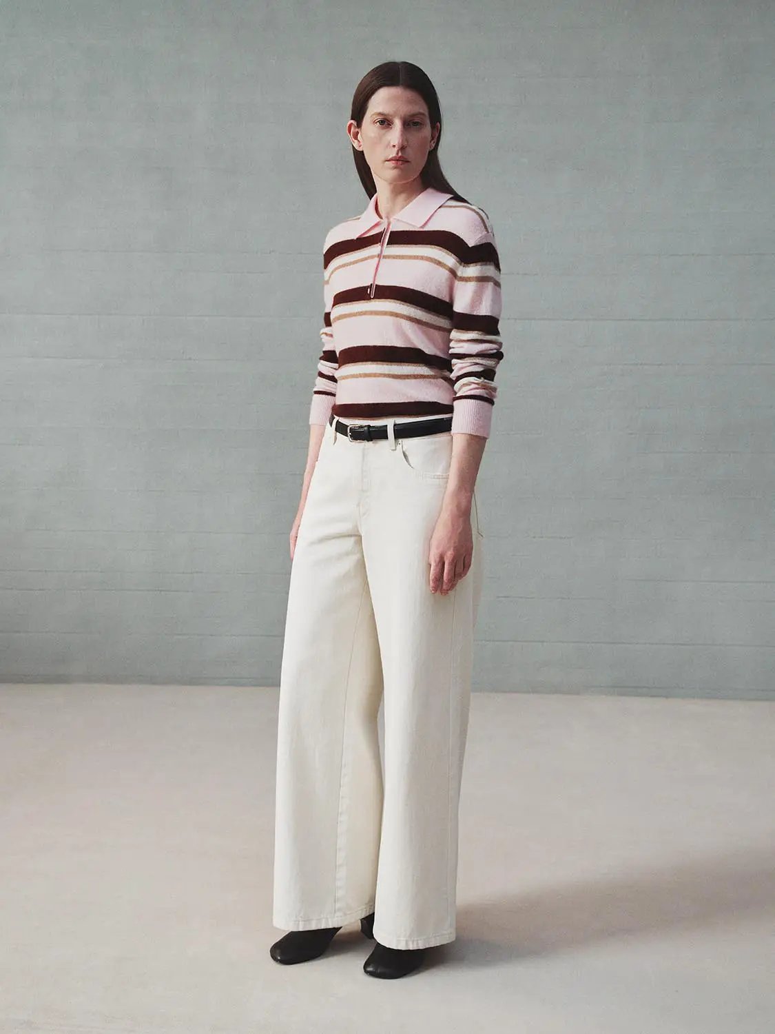 Striped Long Sleeve Polo Collar Fitted Knit Sweater