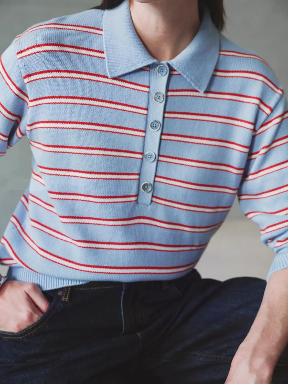 Striped Long Sleeve Polo Collar Cotton Blend Knit Top