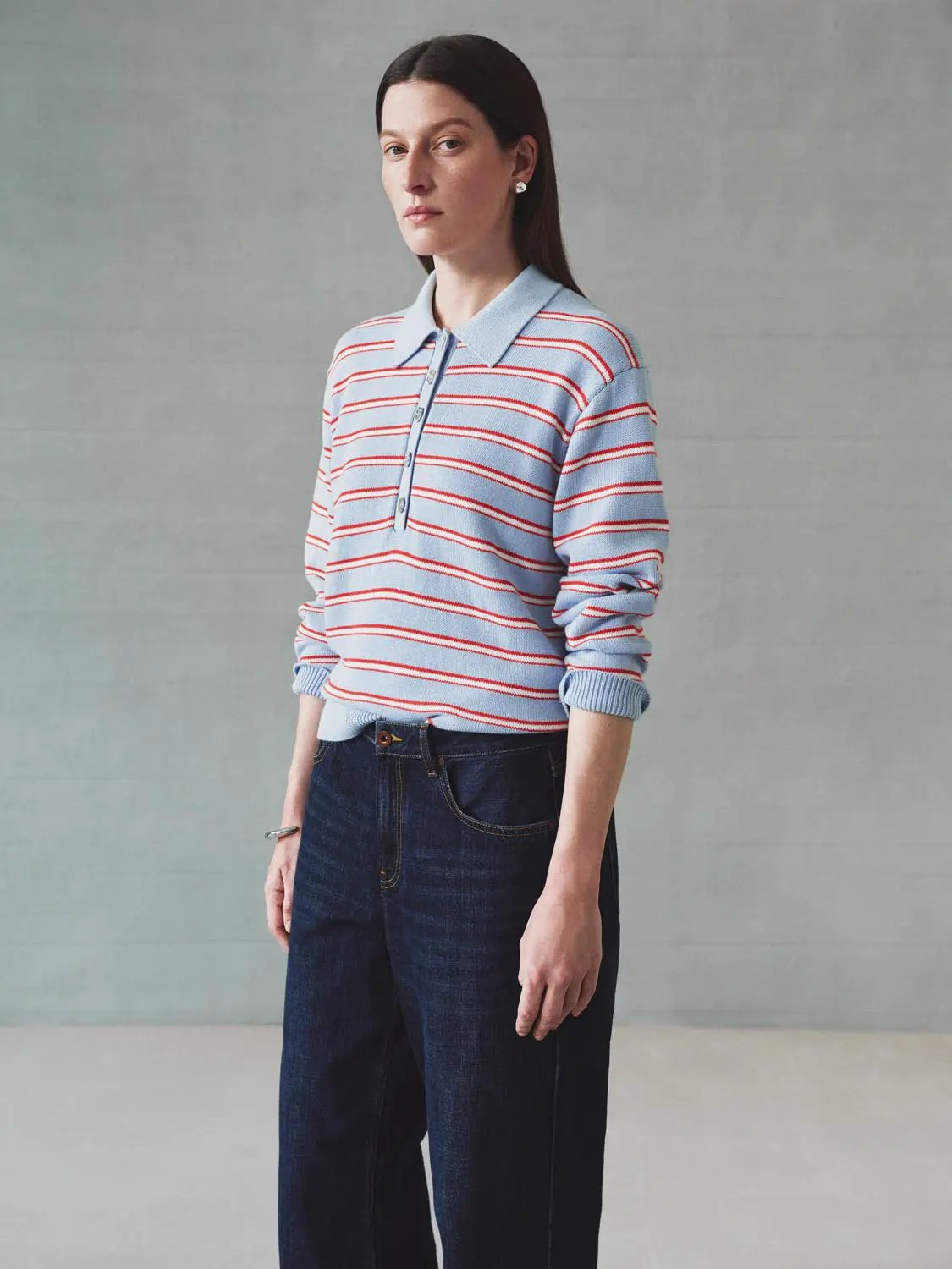 Striped Long Sleeve Polo Collar Cotton Blend Knit Top