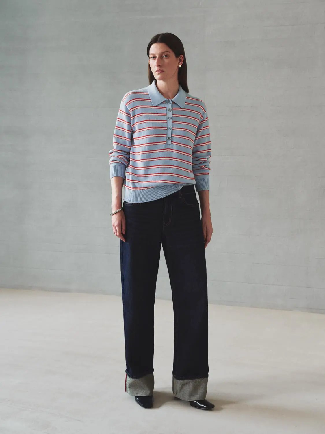 Striped Long Sleeve Polo Collar Cotton Blend Knit Top