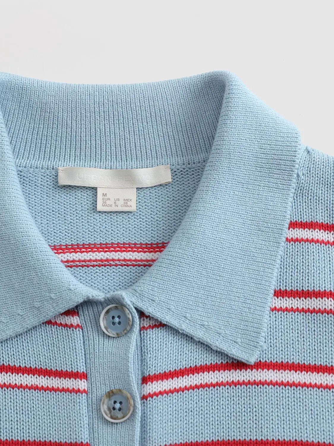 Striped Long Sleeve Polo Collar Cotton Blend Knit Top