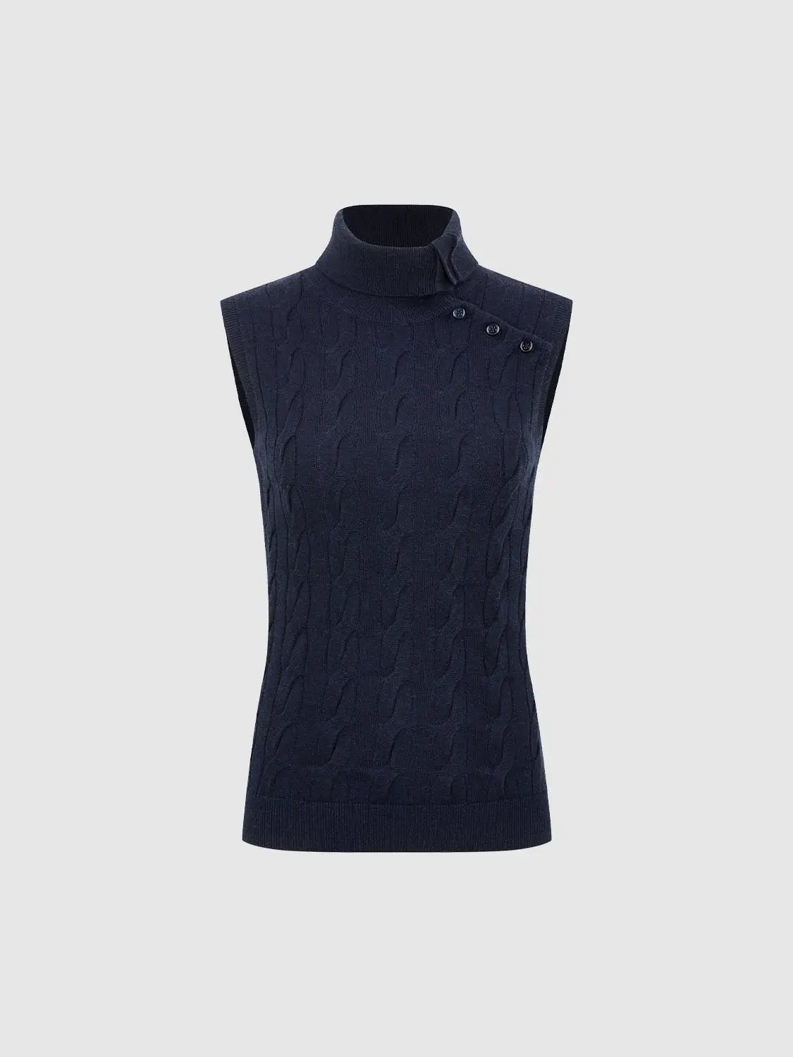 Cable Knit Asymmetric Button Mock Neck Sleeveless Vest