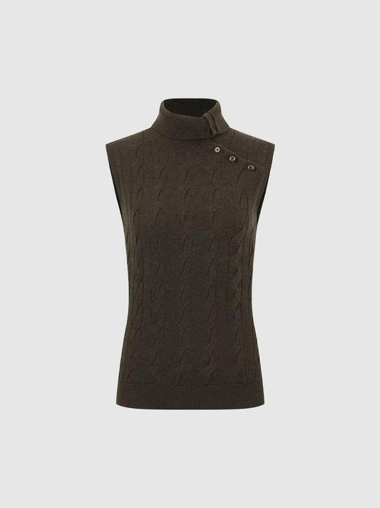 Cable Knit Asymmetric Button Mock Neck Sleeveless Vest