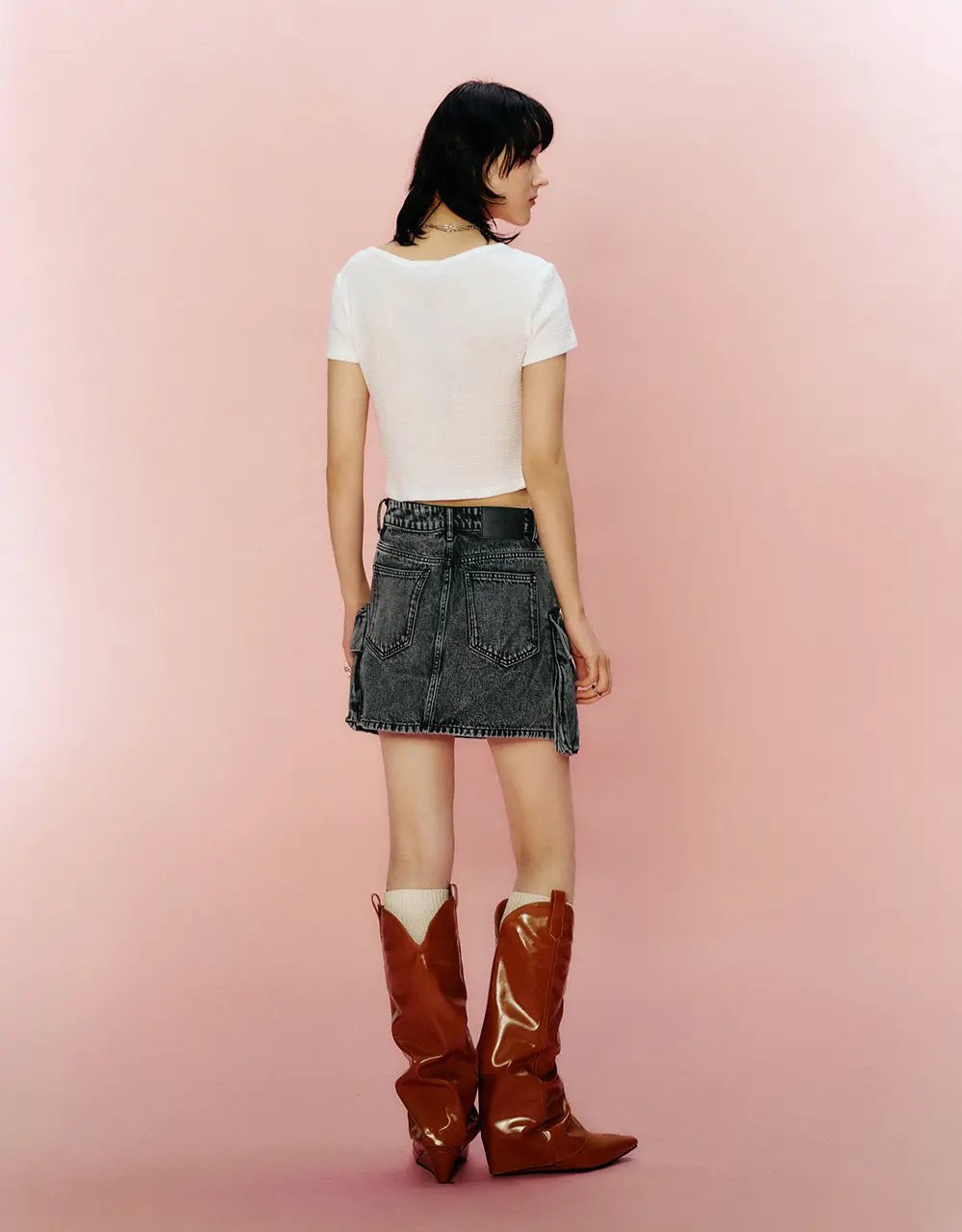 Cargo Multi Pocket Washed Raw Hem Straight Mini Cotton Skirt