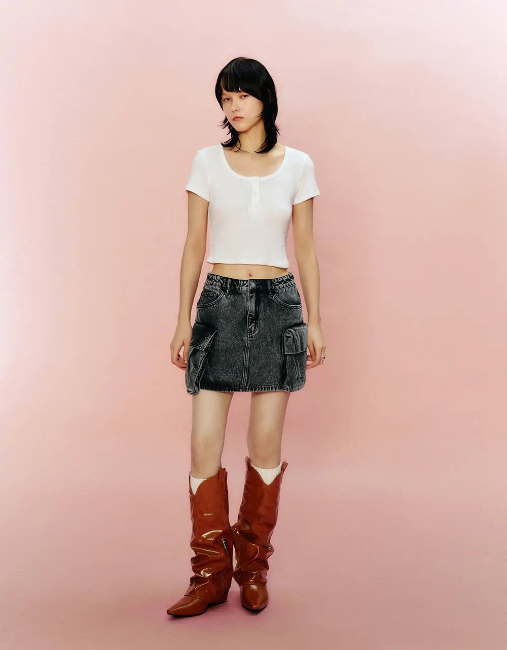 Cargo Multi Pocket Washed Raw Hem Straight Mini Cotton Skirt