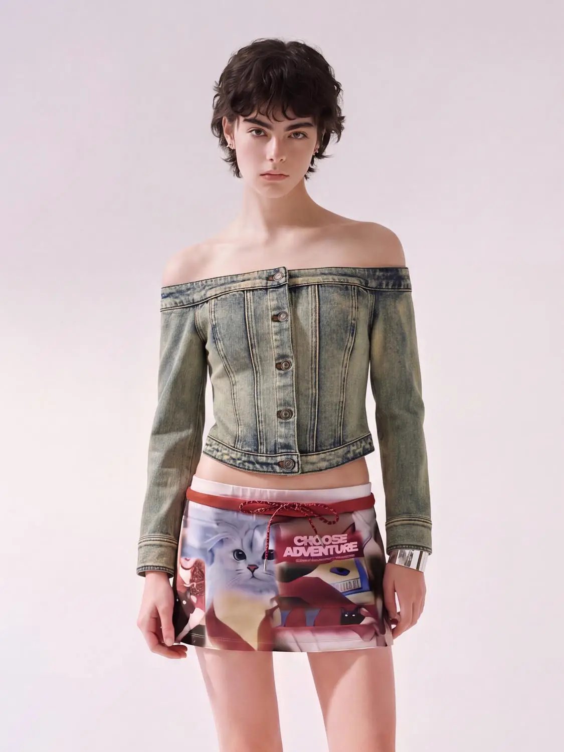 Long Sleeve Off Shoulder Button Washed Denim Cropped Top