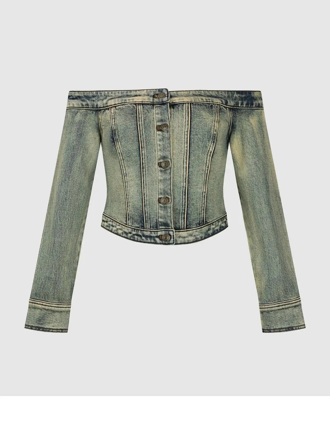 Long Sleeve Off Shoulder Button Washed Denim Cropped Top