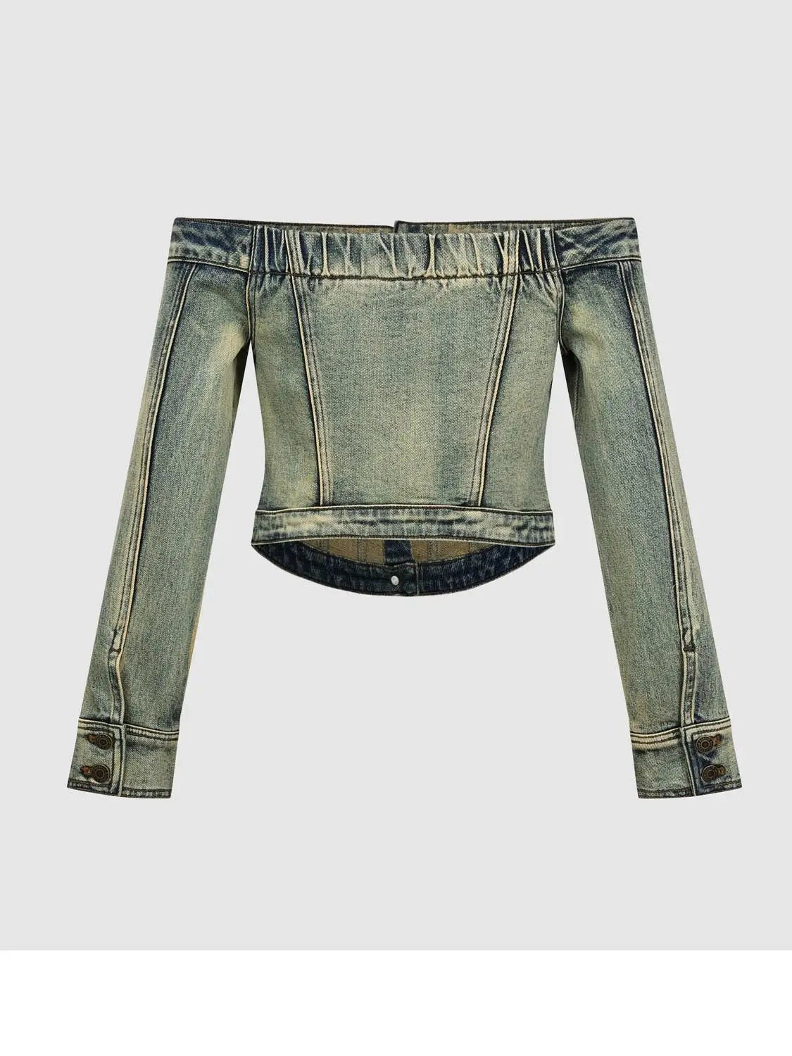 Long Sleeve Off Shoulder Button Washed Denim Cropped Top