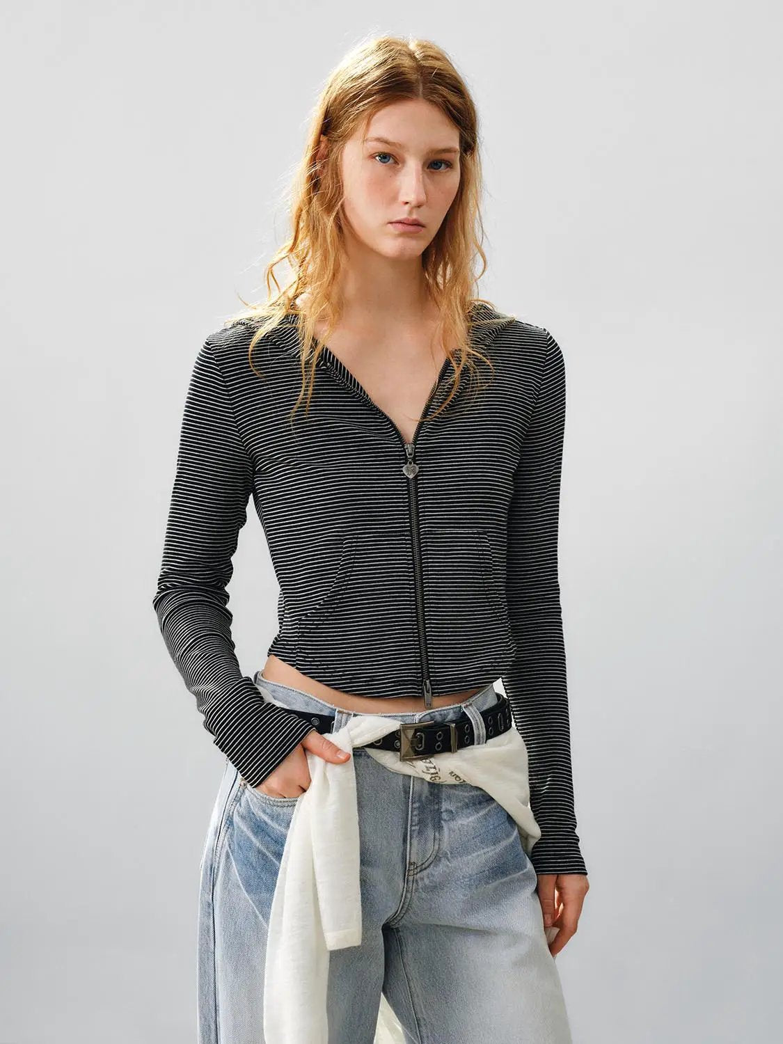 Striped Zip Long Sleeve Fitted Cotton Hoodie