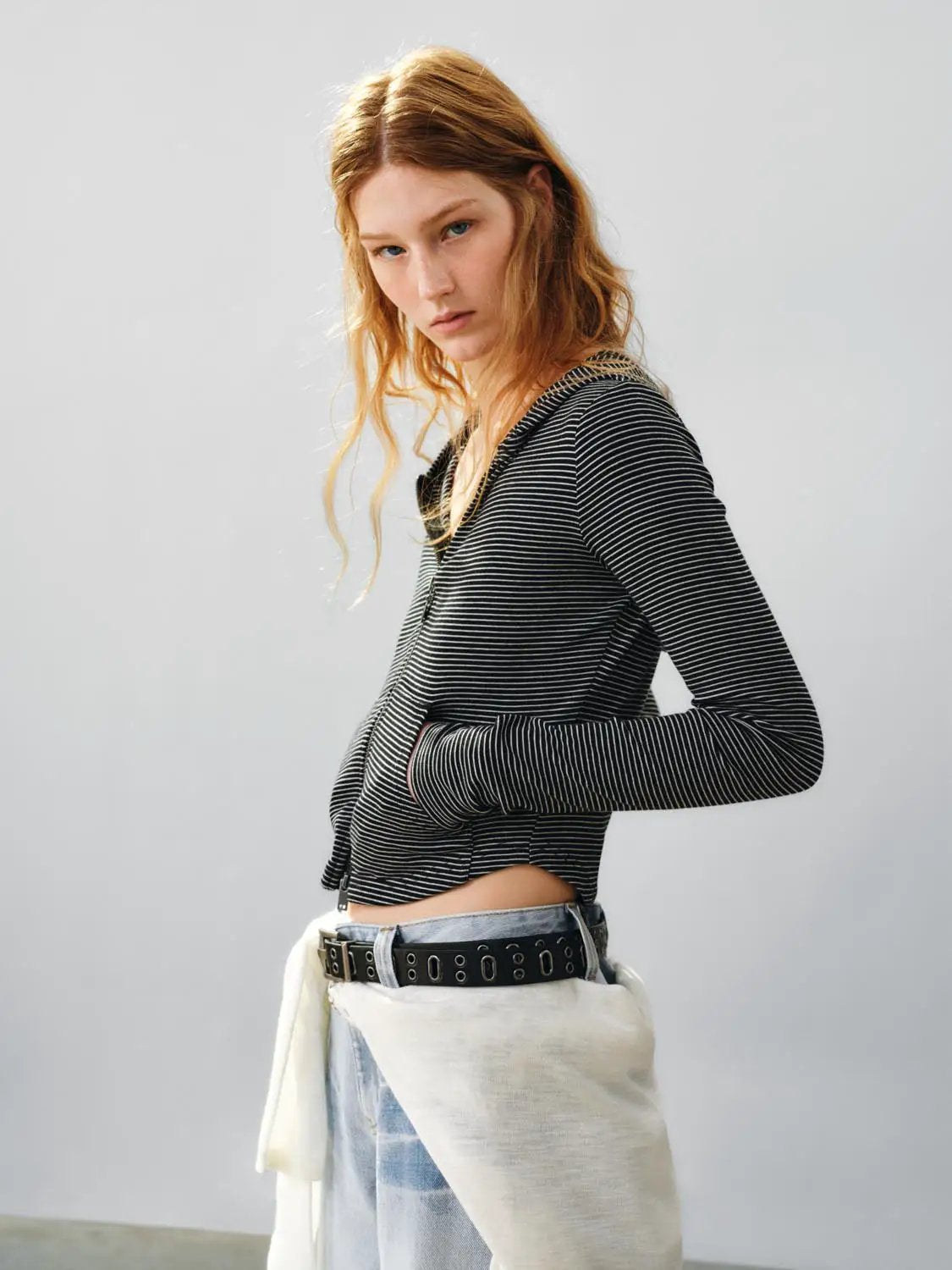 Striped Zip Long Sleeve Fitted Cotton Hoodie