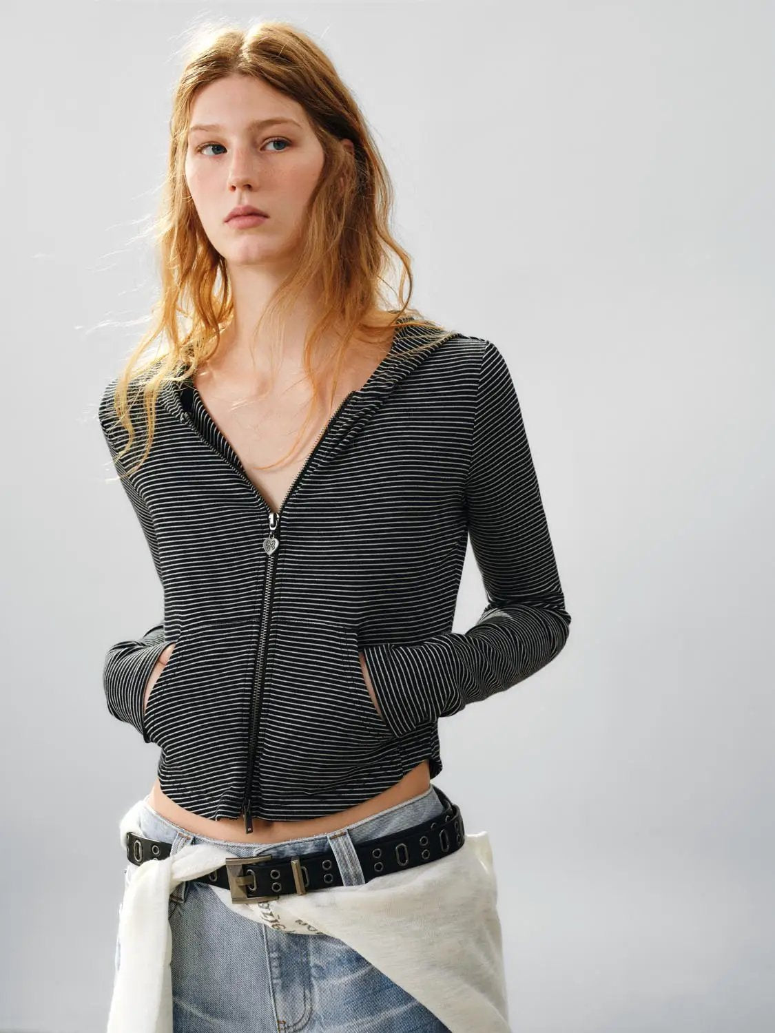 Striped Zip Long Sleeve Fitted Cotton Hoodie