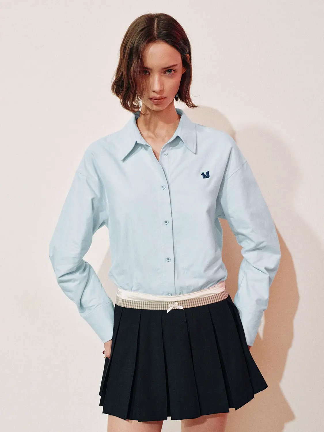 Embroidered Long Sleeve Cotton Shirt Curved Hem