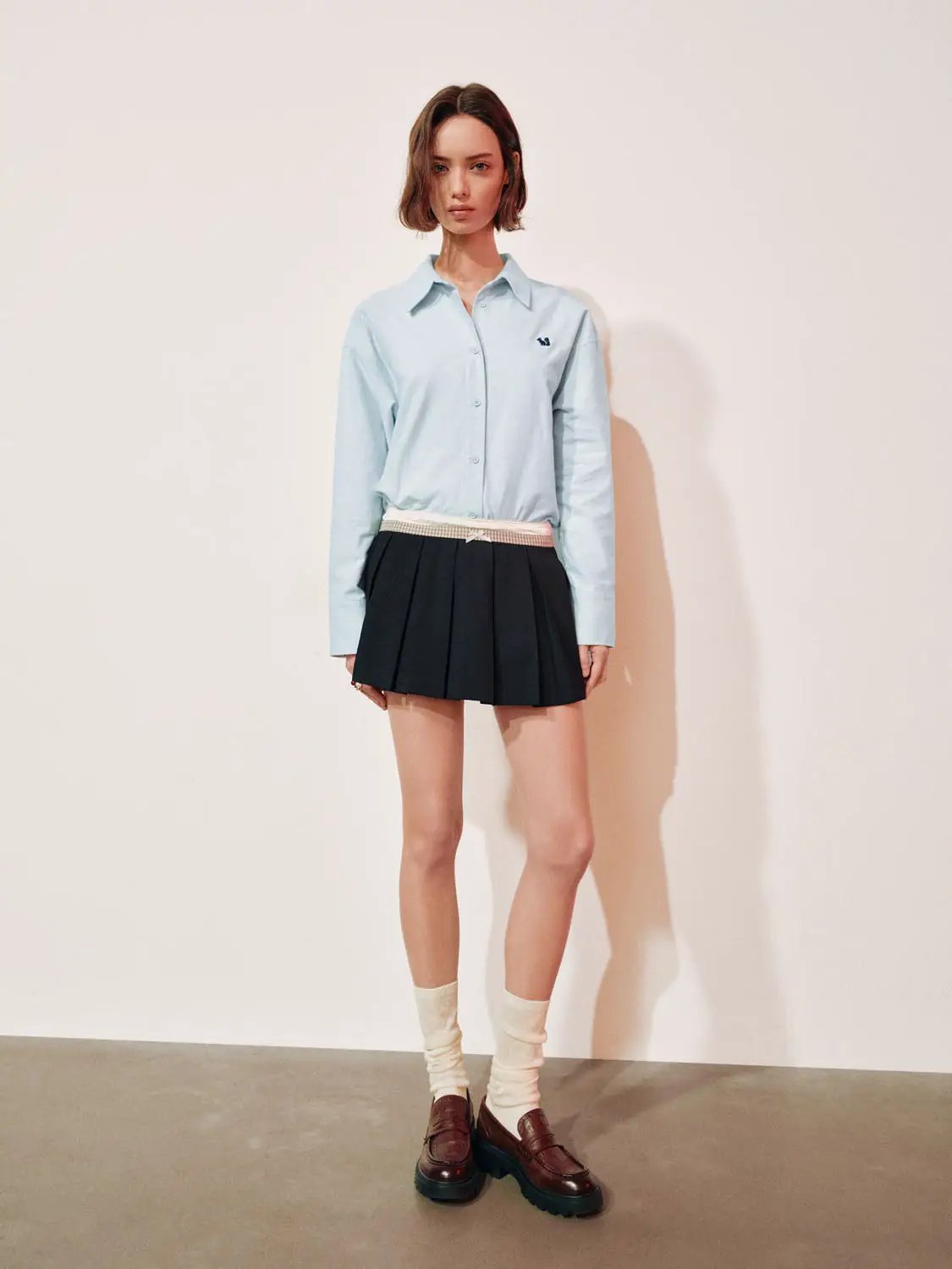 Embroidered Long Sleeve Cotton Shirt Curved Hem