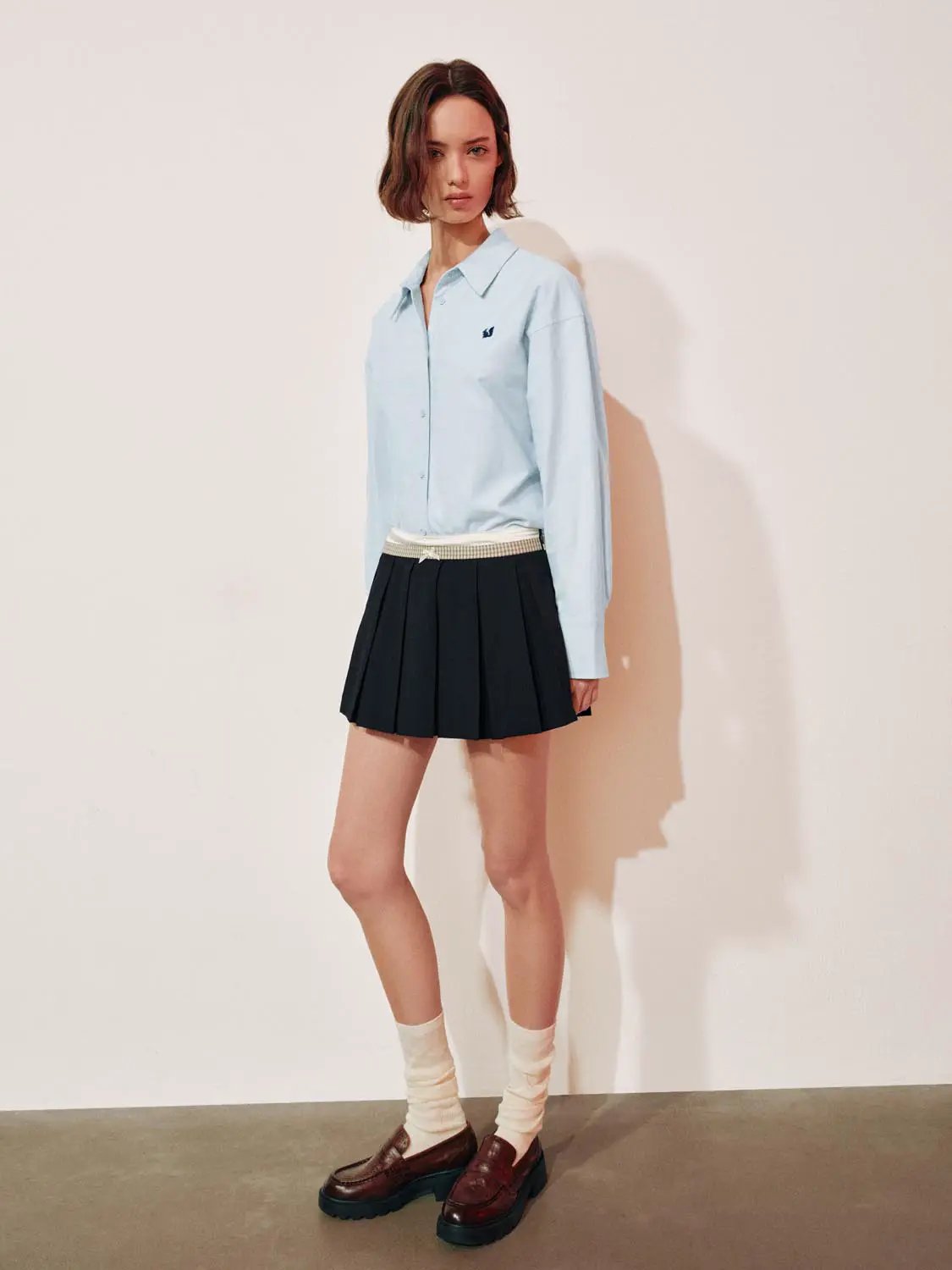 Embroidered Long Sleeve Cotton Shirt Curved Hem