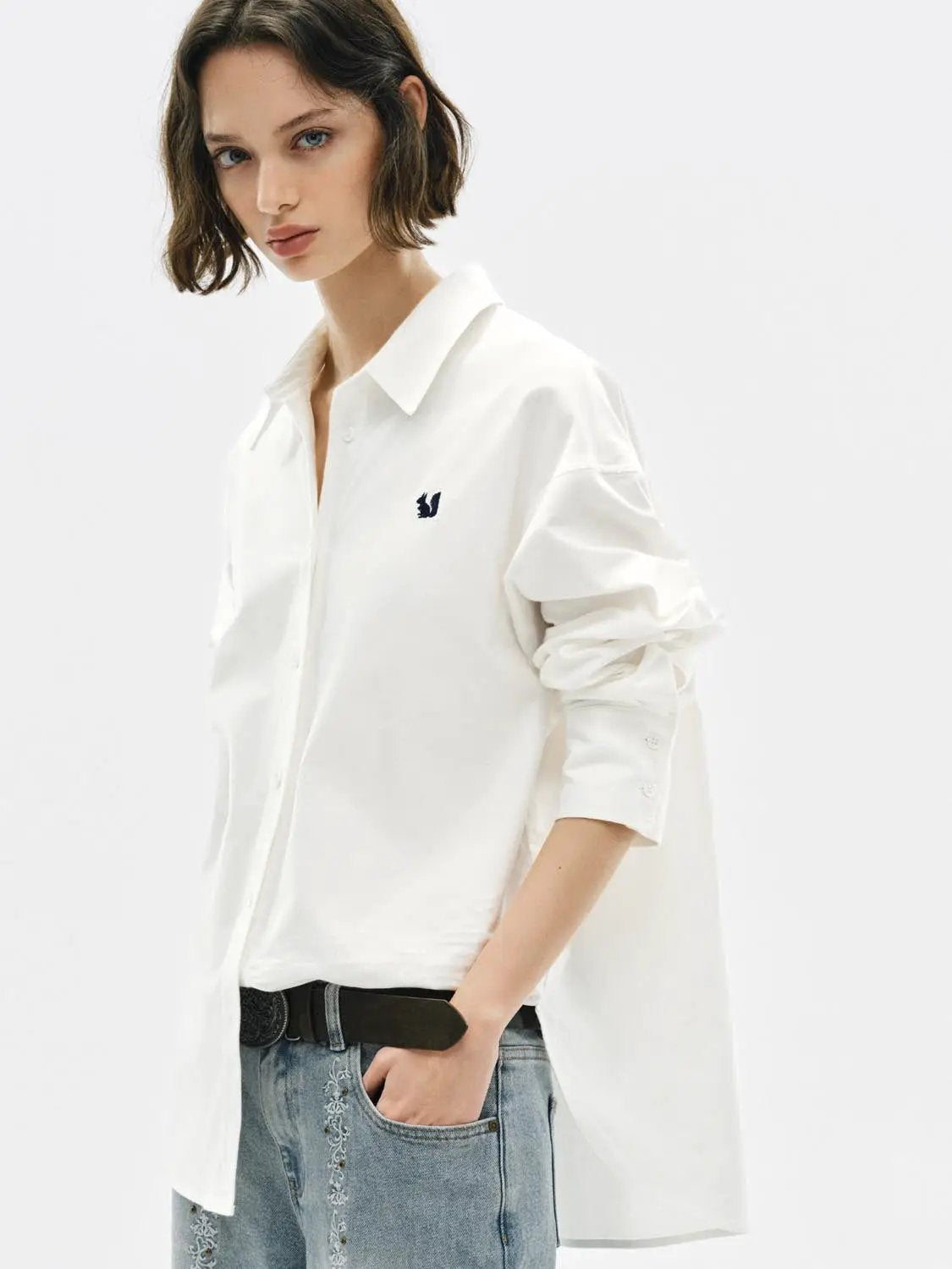Embroidered Long Sleeve Cotton Shirt Curved Hem