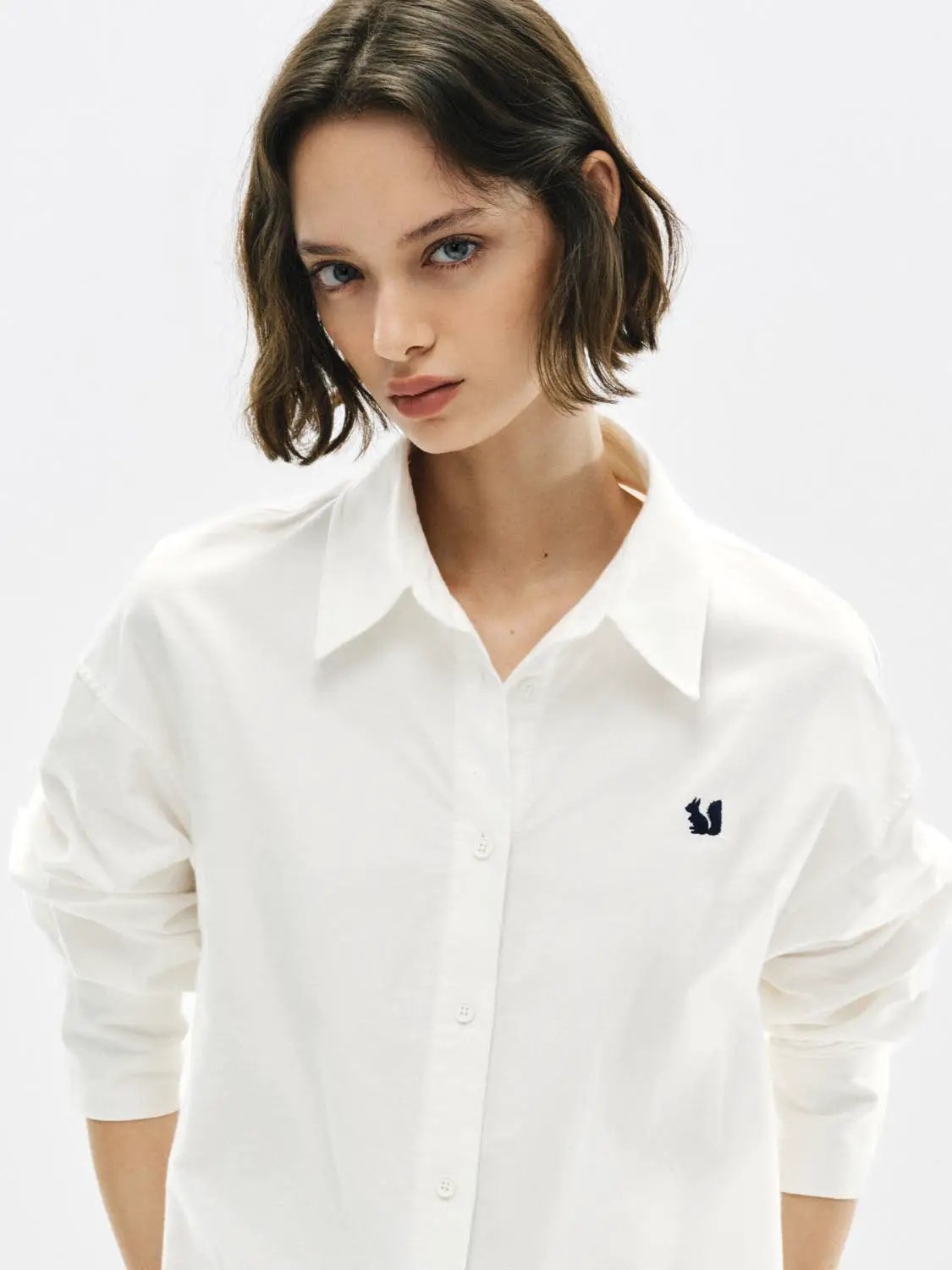 Embroidered Long Sleeve Cotton Shirt Curved Hem