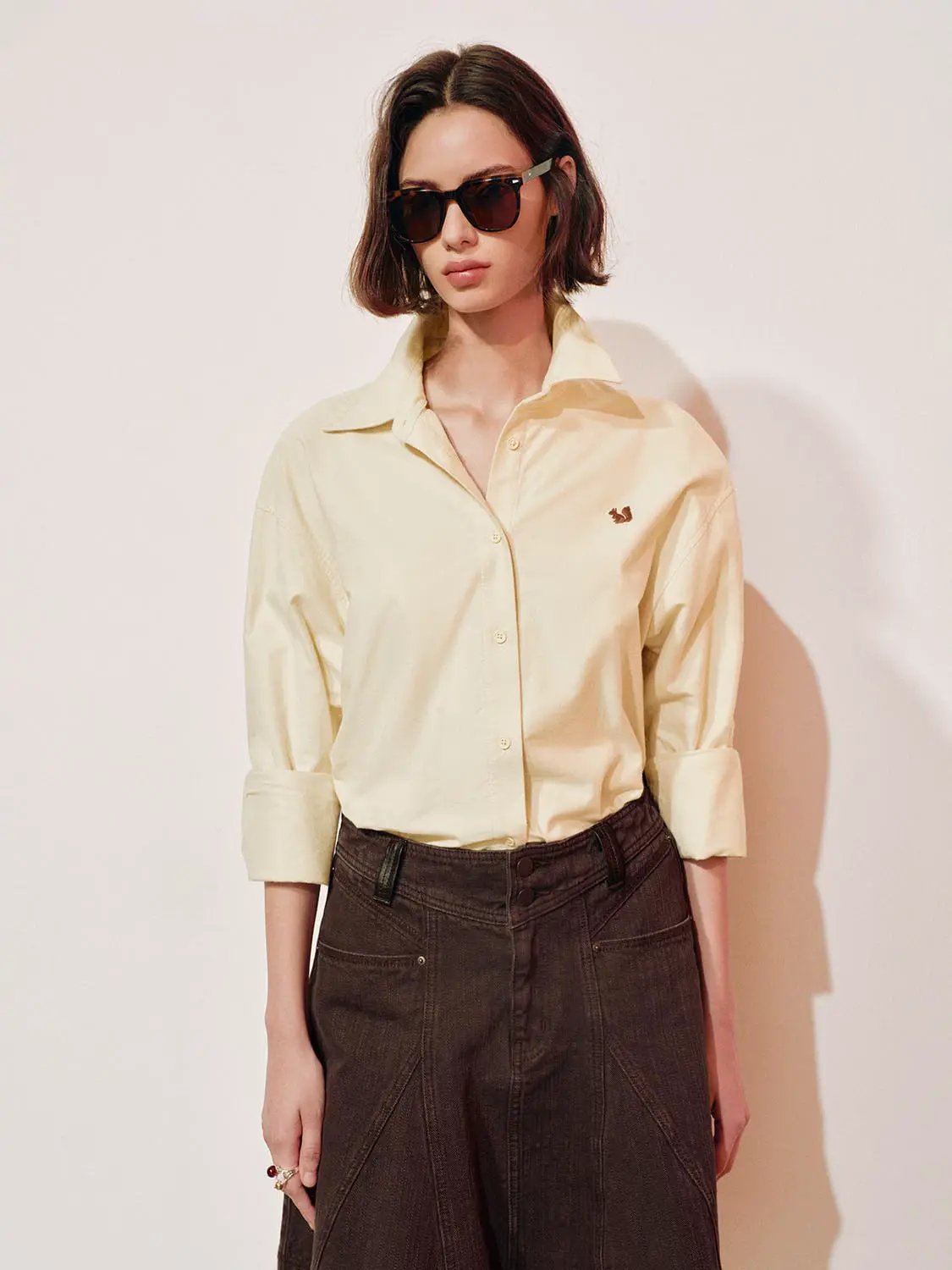 Embroidered Long Sleeve Cotton Shirt Curved Hem