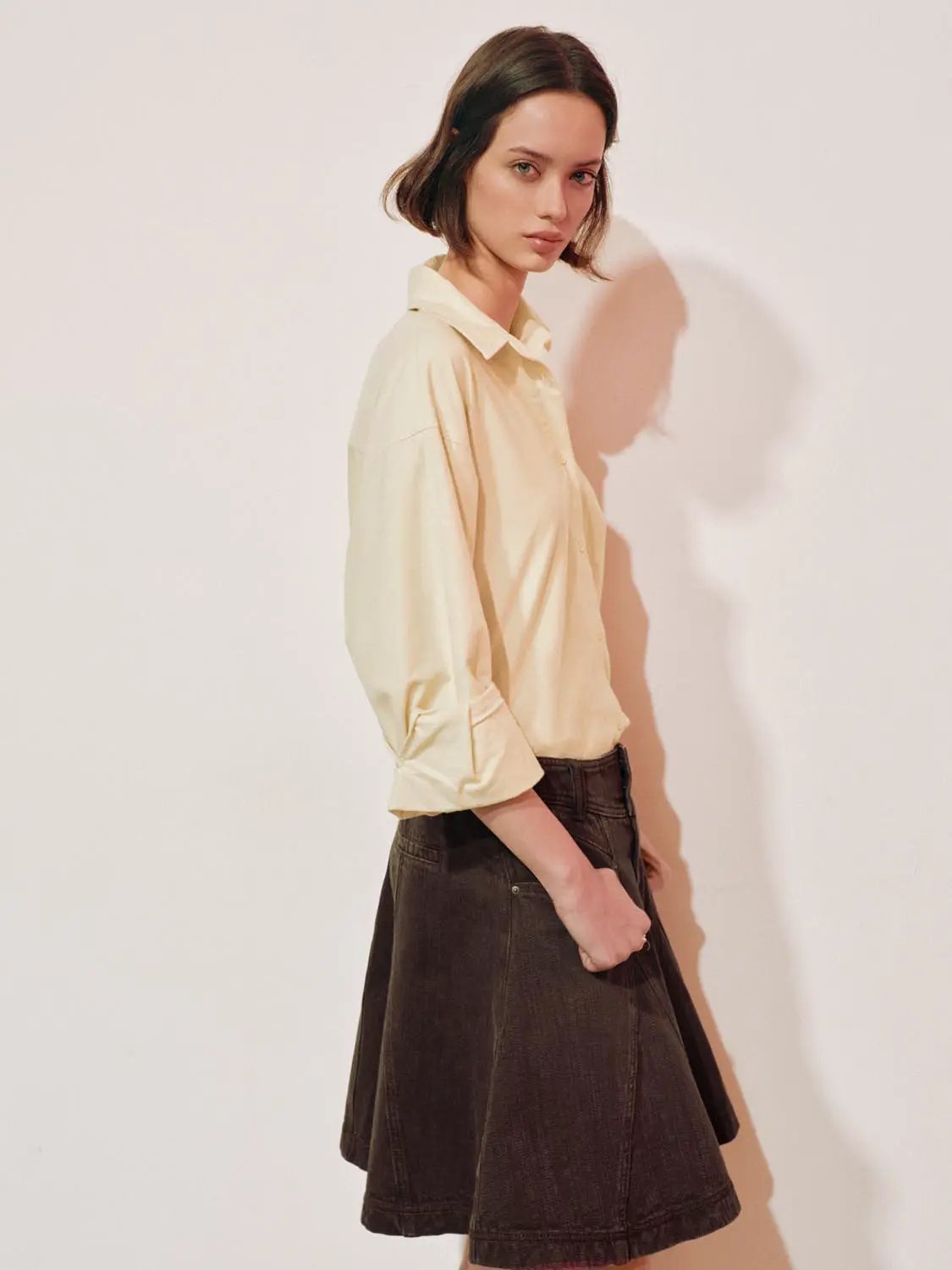 Embroidered Long Sleeve Cotton Shirt Curved Hem