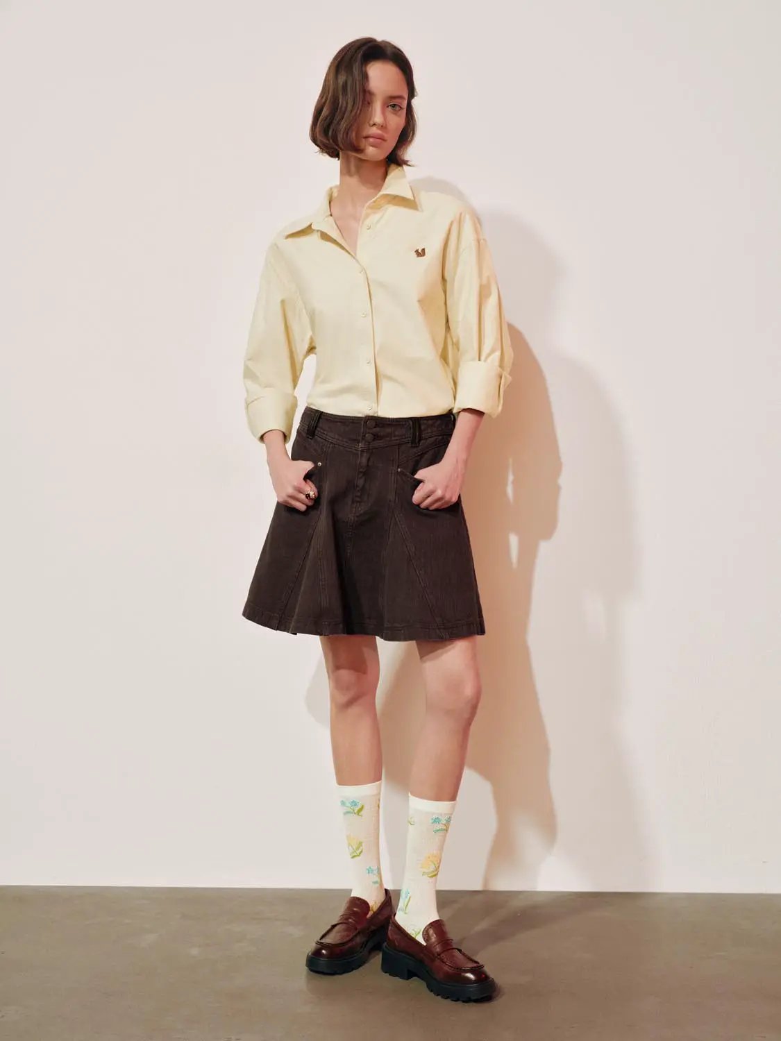 Embroidered Long Sleeve Cotton Shirt Curved Hem