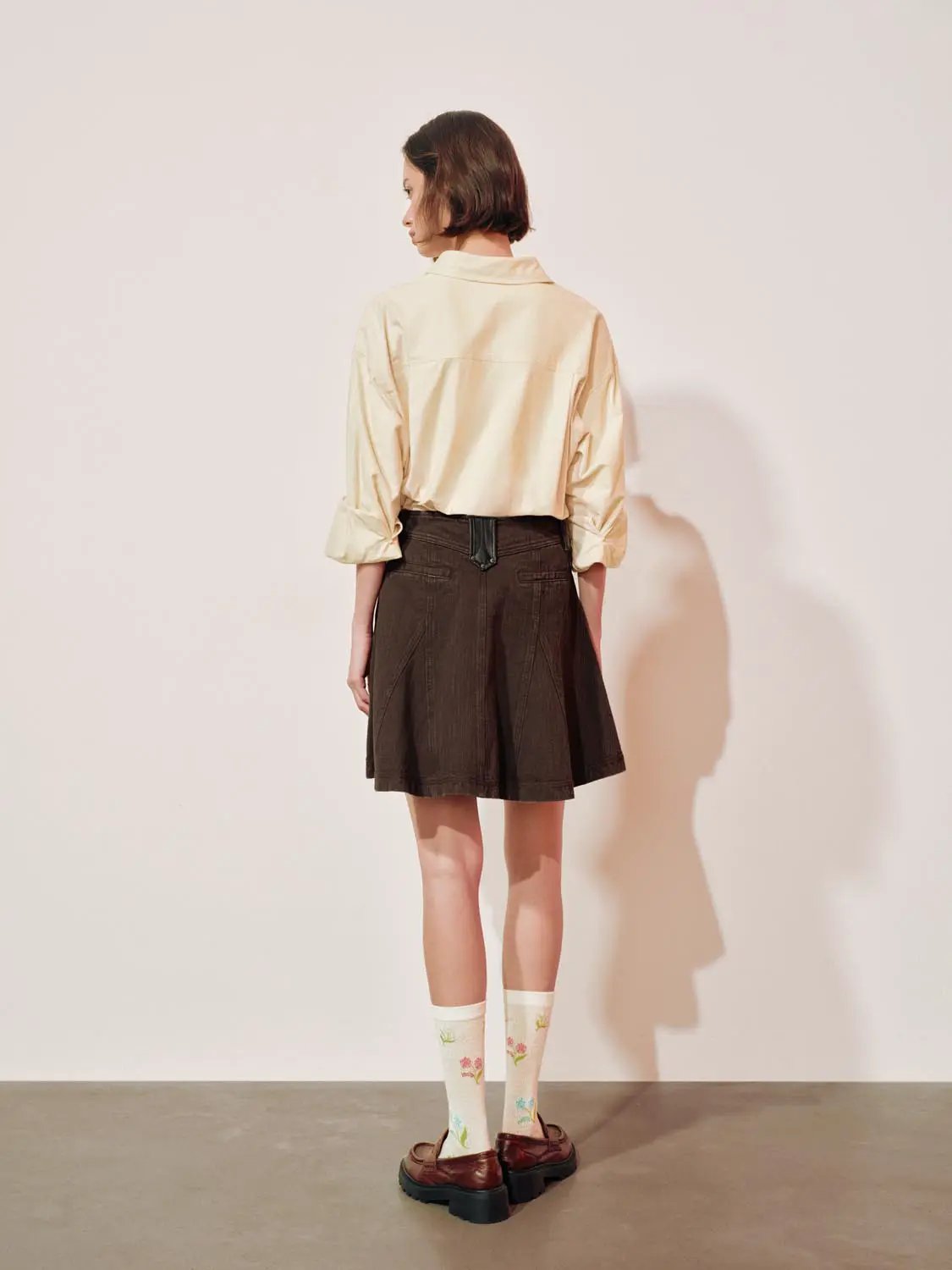 Embroidered Long Sleeve Cotton Shirt Curved Hem